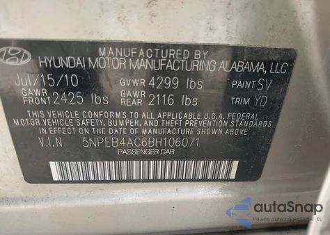 2011 Hyundai Sonata Gls z USA, uszkodzony, nr VIN 5NPEB4AC6BH106071